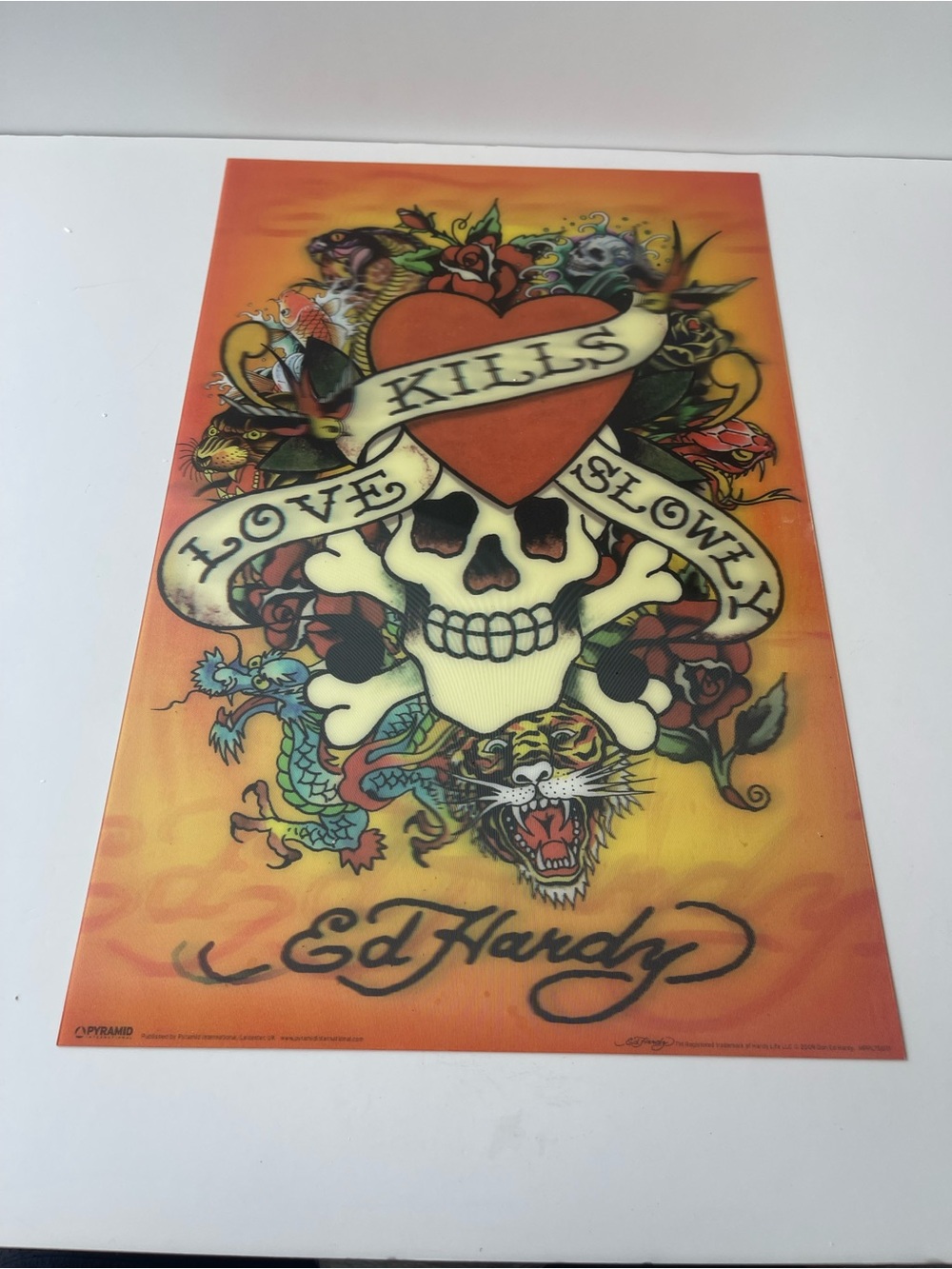 2009 Ed Hardy 3D Effect "Love Kills Slowly" Framed Sign Pyramid 21x29" Rare